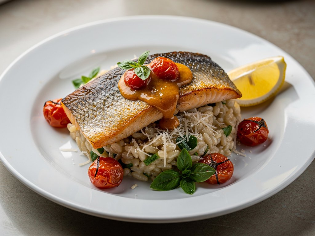 Crispy Steelhead Trout with Basil Parmesan Risotto and Burst Tomatoes