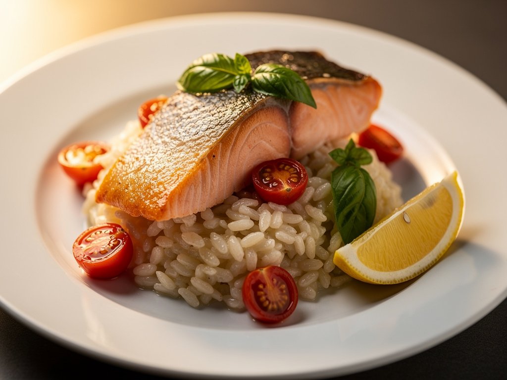Crispy Steelhead Trout with Creamy Basil Parmesan Risotto and Burst Tomatoes