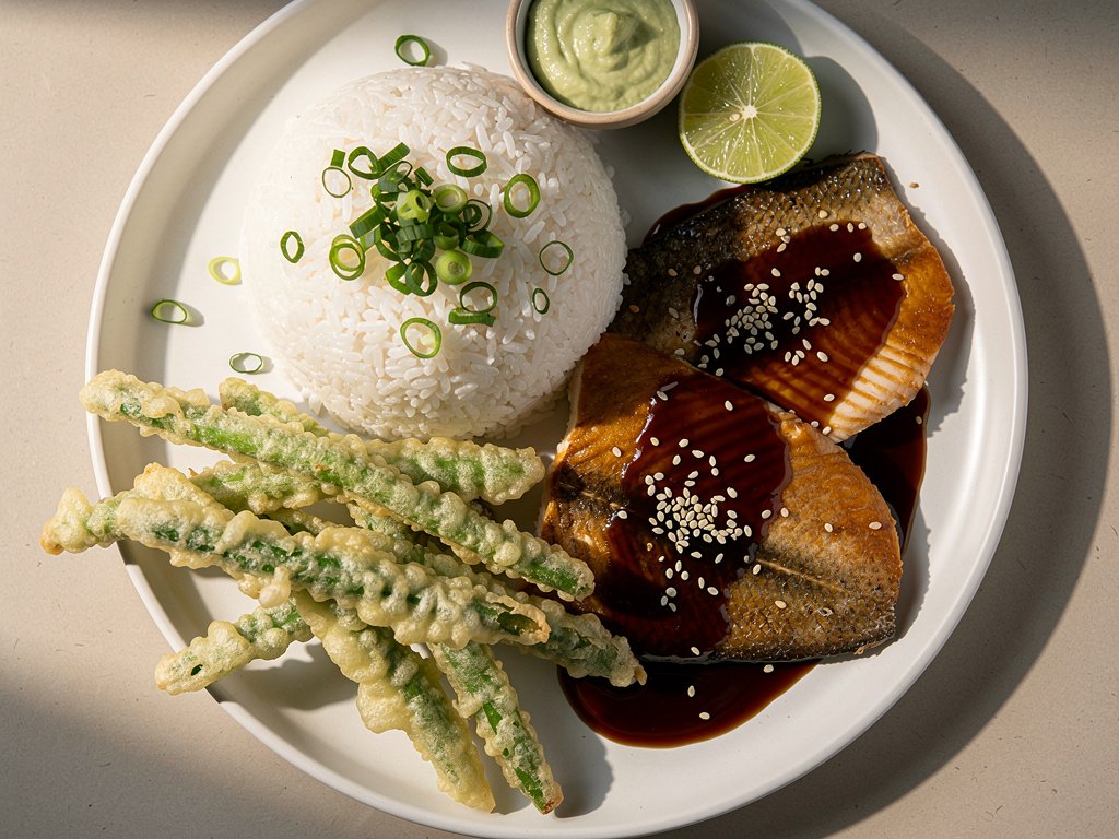 Crispy Tempura Green Beans with Hoisin Glazed Tilapia and Wasabi Sauce