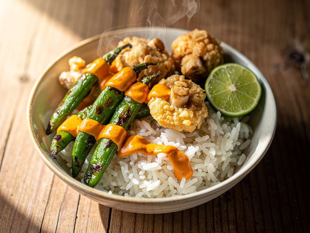 Crispy Tempura Mushroom Bowls with Roasted Green Beans and Dynamite Sauce