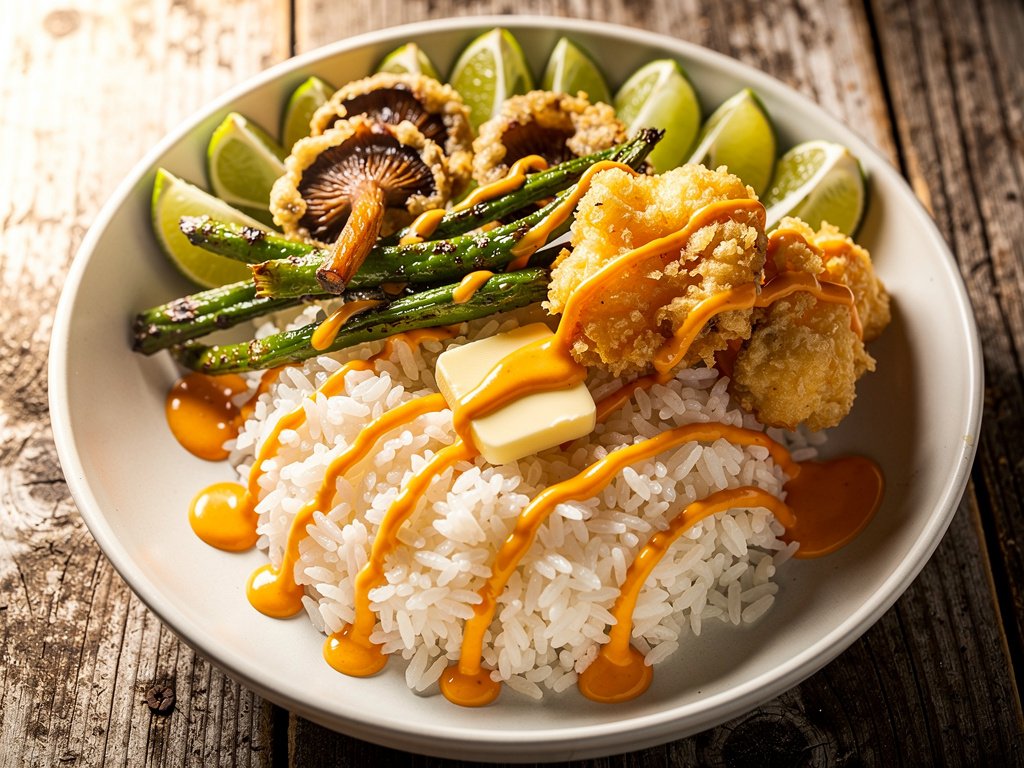 Crispy Tempura Mushroom Bowls with Roasted Green Beans and Spicy Dynamite Sauce