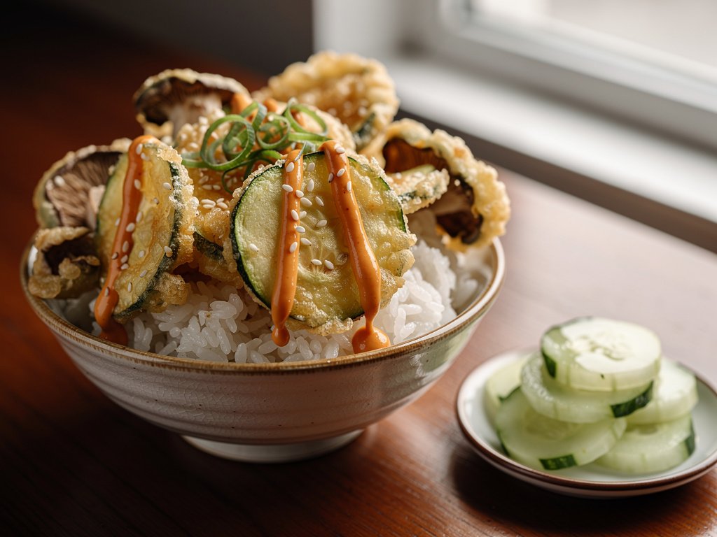 Crispy Tempura Mushroom and Zucchini Bowls with Sesame Rice and Chili Mayo