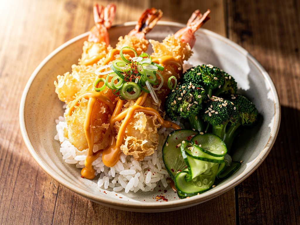 Crispy Tempura Shrimp Bowls with Spicy Mayo and Sesame Broccoli