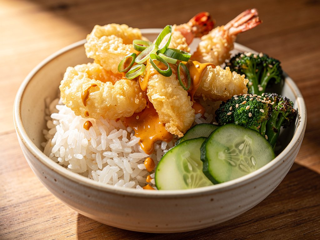 Crispy Tempura Shrimp Bowls with Spicy Mayo and Sesame Broccoli