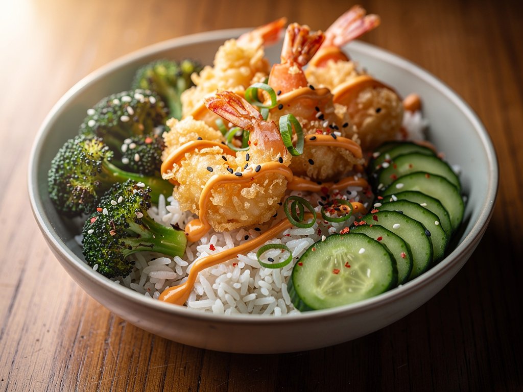 Crispy Tempura Shrimp Bowls with Spicy Apricot Sauce and Sesame Broccoli