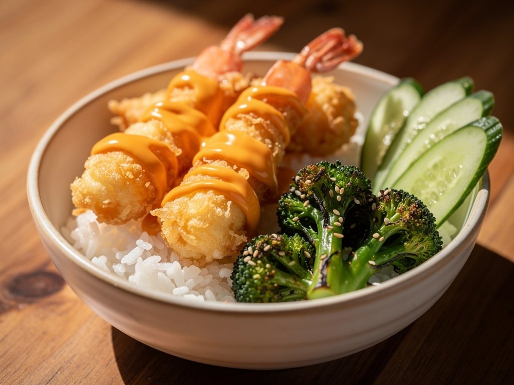 Crispy Tempura Shrimp Bowls with Spicy Mayo and Sesame Broccoli