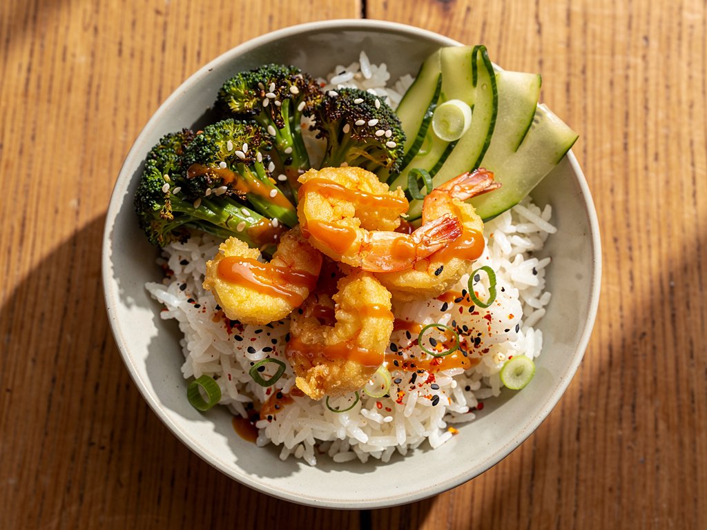 Crispy Tempura Shrimp Bowls with Spicy Apricot Sauce and Sesame Broccoli