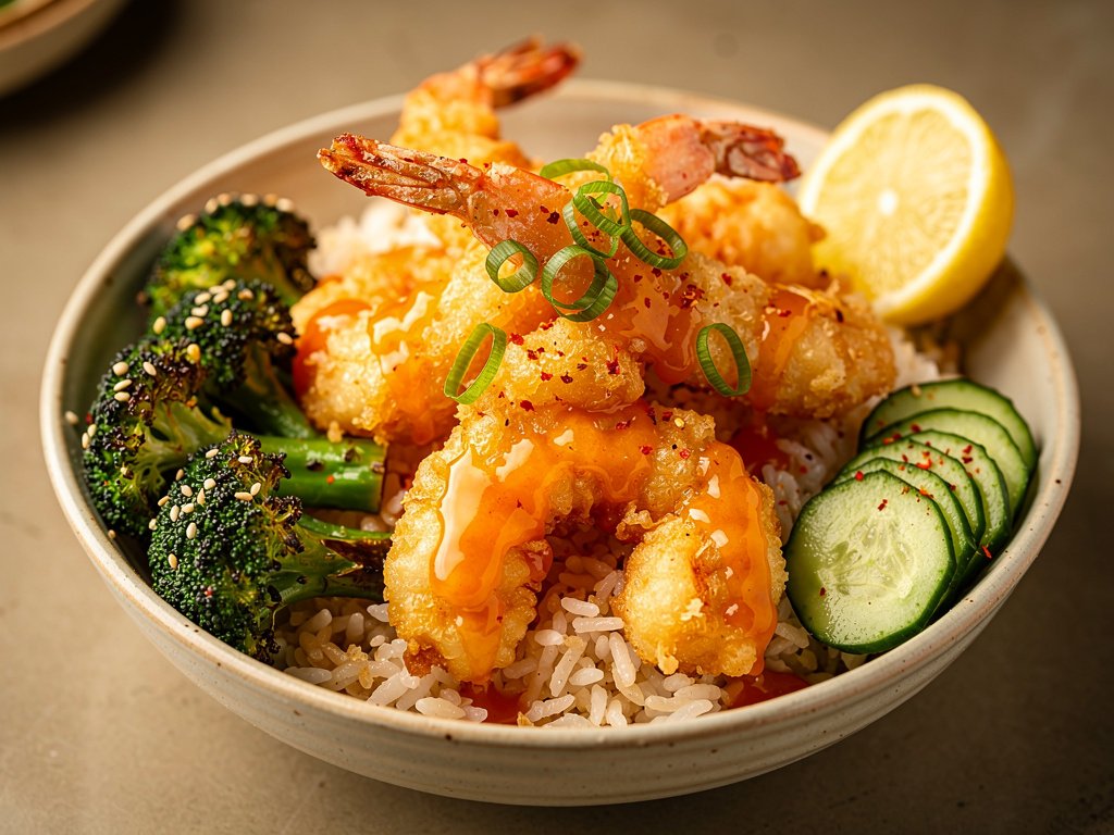 Crispy Tempura Shrimp Bowls with Spicy Apricot Sauce and Sesame Broccoli