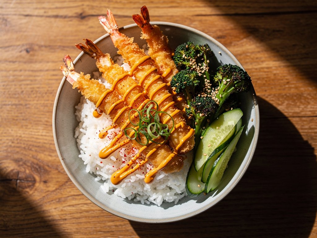 Crispy Tempura Shrimp Bowls with Spicy Sweet Sauce and Sesame Broccoli