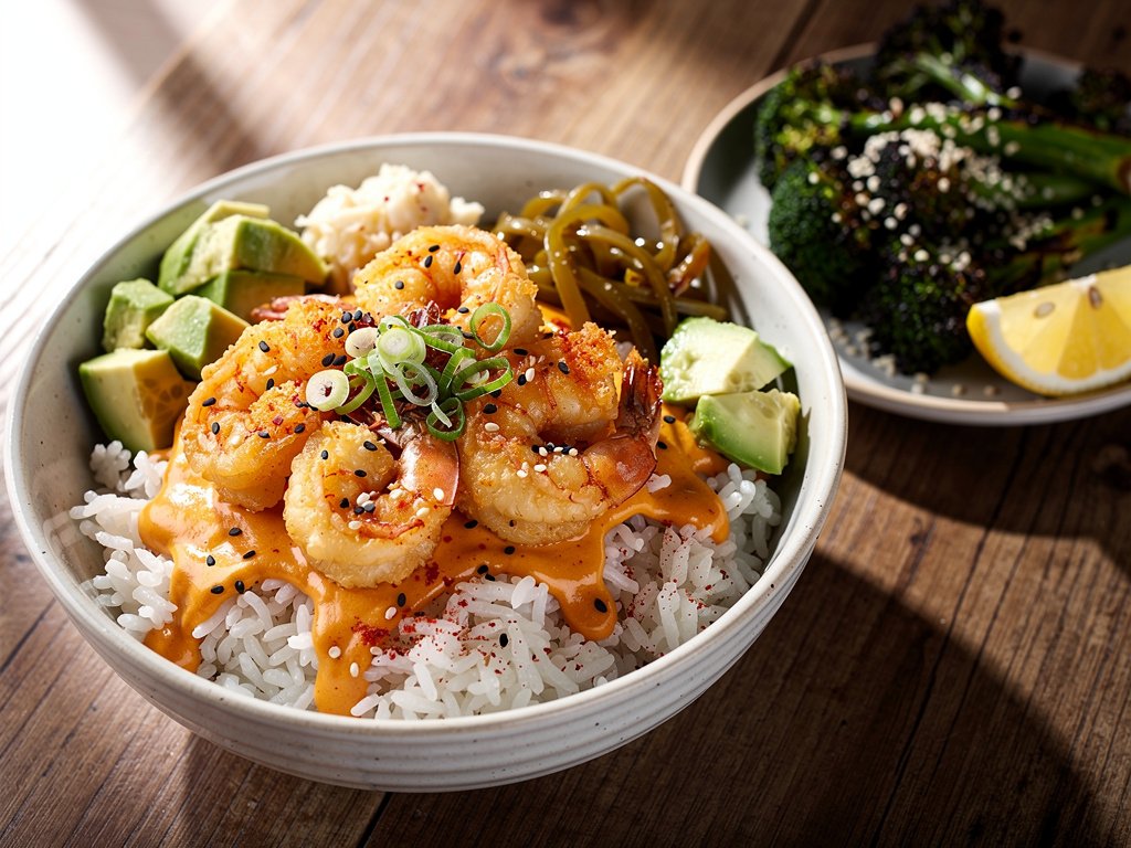 Crispy Tempura Shrimp Bowls with Spicy Sweet Sauce and Sesame Broccoli