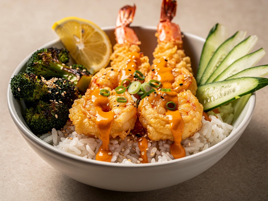 Crispy Tempura Shrimp Bowls with Spicy Apricot Sauce and Sesame Broccoli
