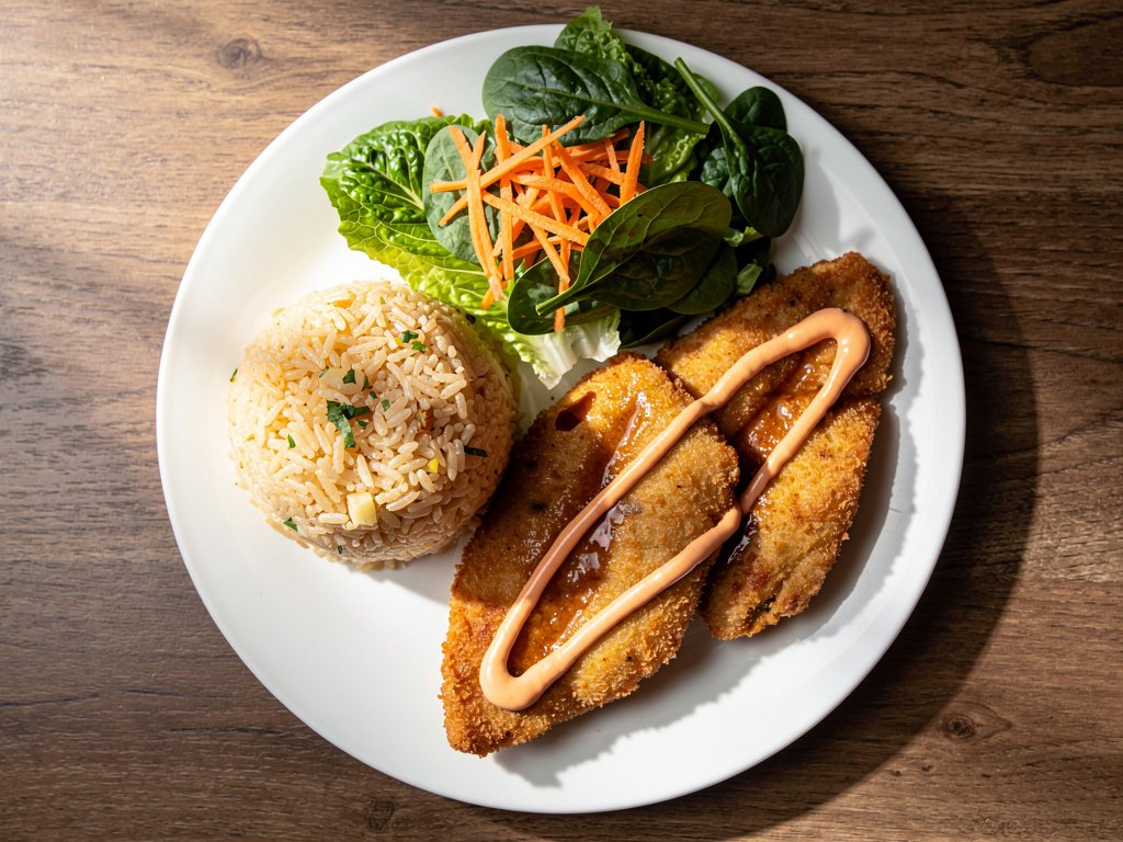 Crispy Tempura Tilapia with Ginger Rice and Sesame-Lime Salad