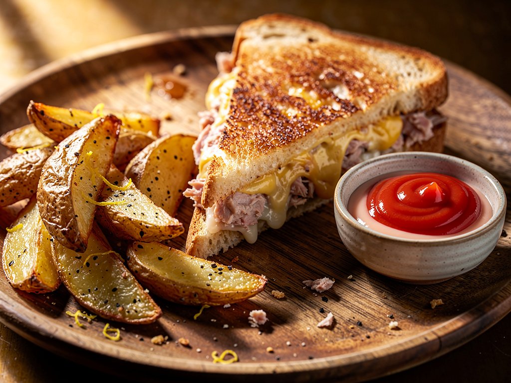 Crispy Tuna Melts with Lemon Pepper Potato Wedges and Special Sauce
