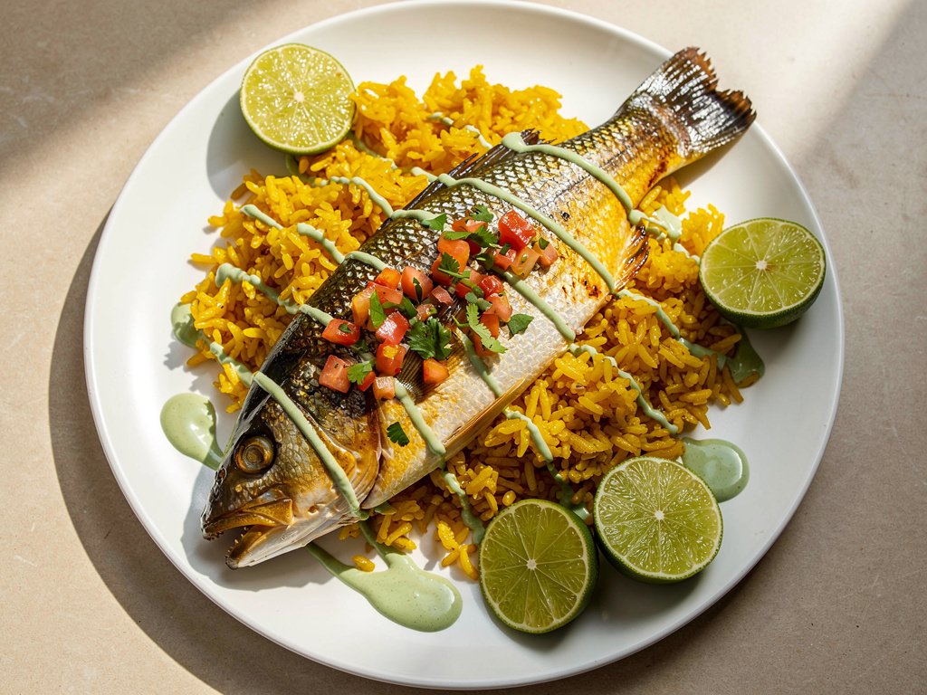 Crispy Turmeric Barramundi with Yellow Rice and Fresh Salsa