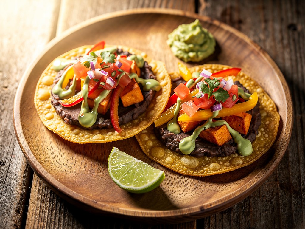 Crispy Vegan Tostadas with Sweet Potato, Black Beans & Fresh Salsa