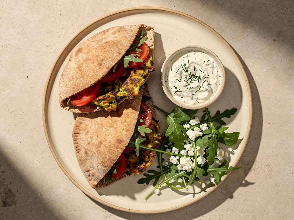 Crispy Zucchini Feta Fritters in Pita with Creamy Dill Sauce and Arugula Salad