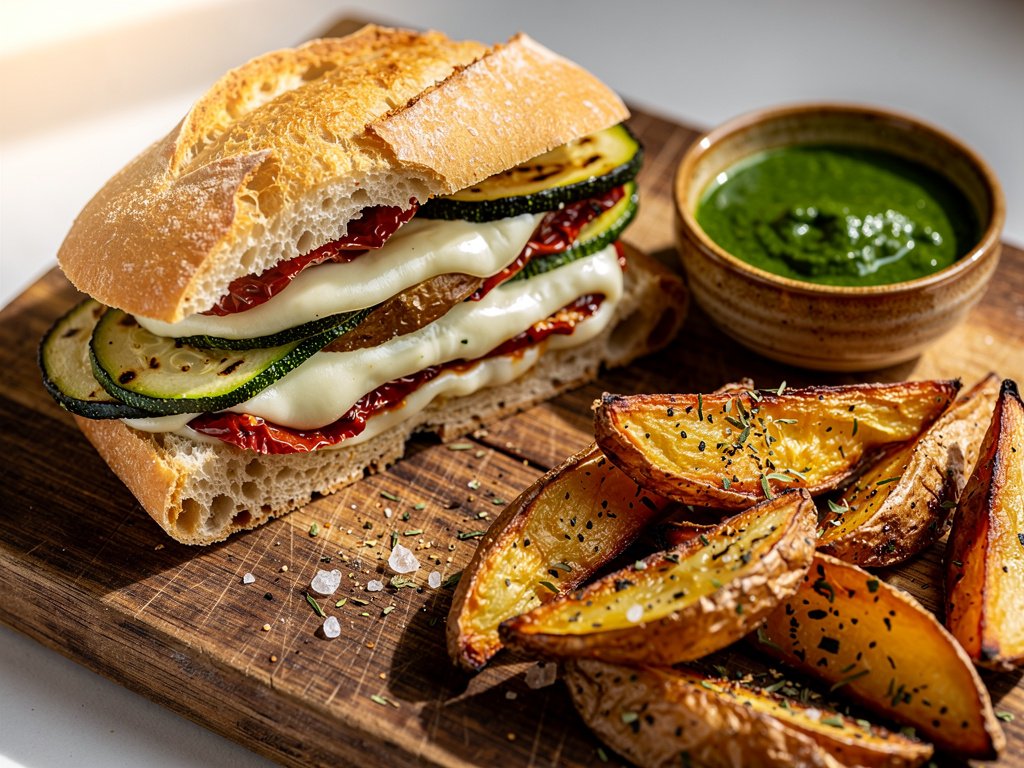Crispy Zucchini Mozzarella Panini with Herb Sauce and Roasted Potato Wedges