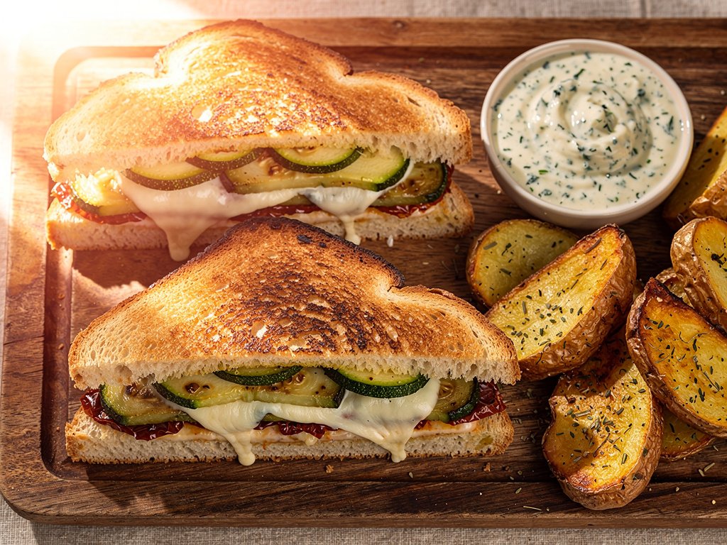 Crispy Zucchini Mozzarella Panini with Sun-Dried Tomatoes and Herb Sauce