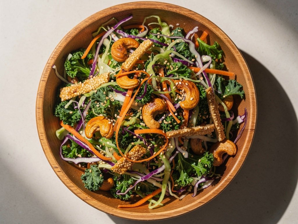 Crunchy Asian Kale and Cabbage Salad with Sesame Dressing