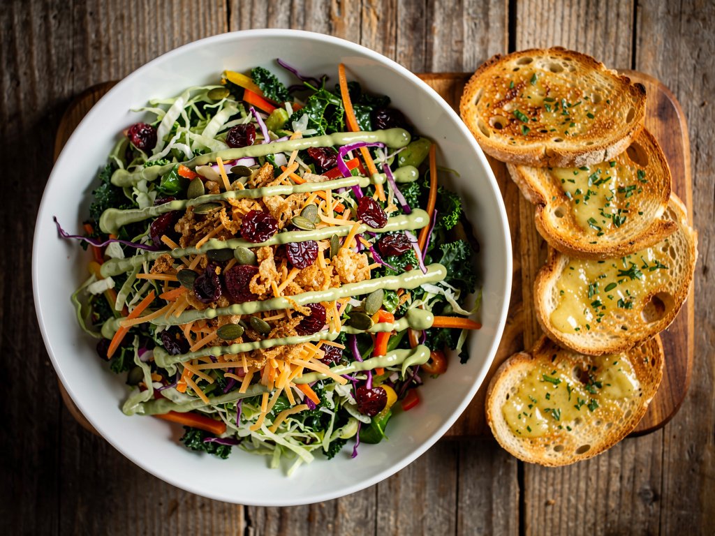 Crunchy Avocado Ranch Salad with Toasted Garlic Bread