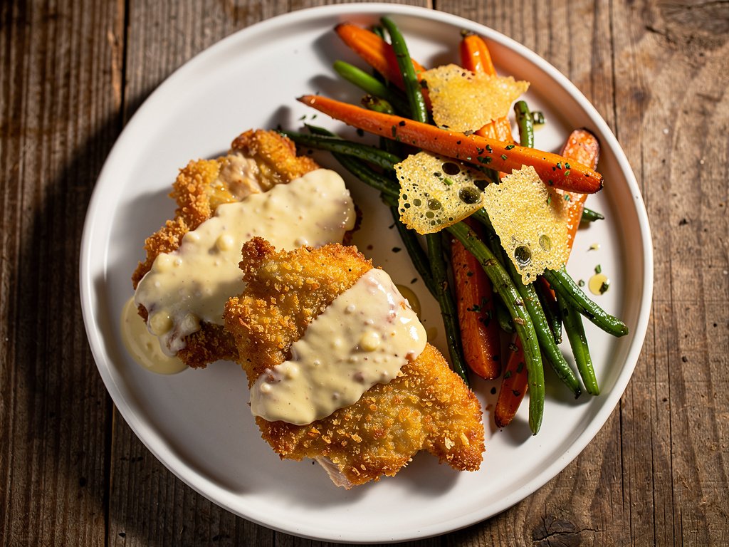 Crunchy Caesar Chicken with Parmesan Frico Roasted Vegetables