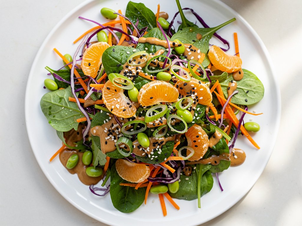 Crunchy Edamame & Mandarin Orange Salad with Spicy Peanut Dressing