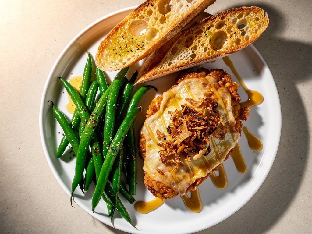 Crunchy Honey Dijon Chicken with Green Beans and Garlic Bread