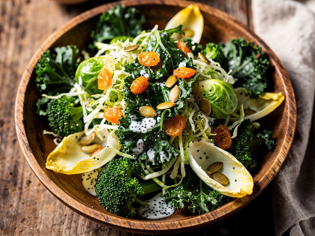 Crunchy Kale and Poppyseed Salad with Roasted Pumpkin Seeds and Dried Cranberries