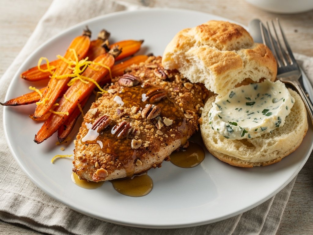 Crunchy Pecan-Crusted Chicken with Lemony Carrots and Garlic Thyme Butter Biscuits