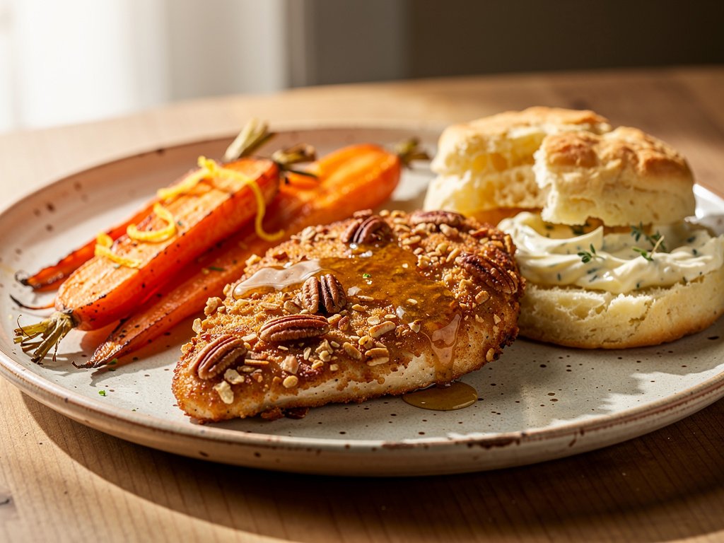 Crusted Pecan Chicken with Honey Dijon, Roasted Carrots, and Garlic Thyme Butter Biscuits