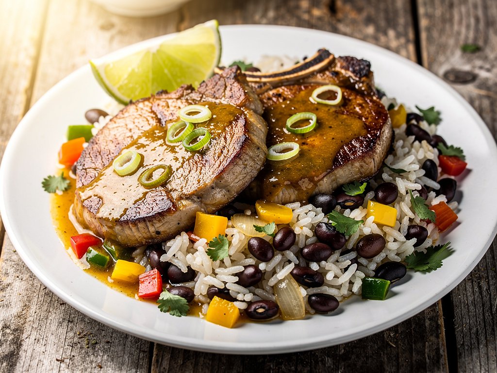 Cuban Mojo Pork Chops with Black Beans and Rice