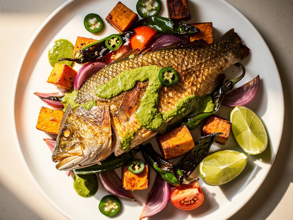 Cumin-Rubbed Barramundi with Creamy Salsa Verde and Roasted Vegetable Jumble