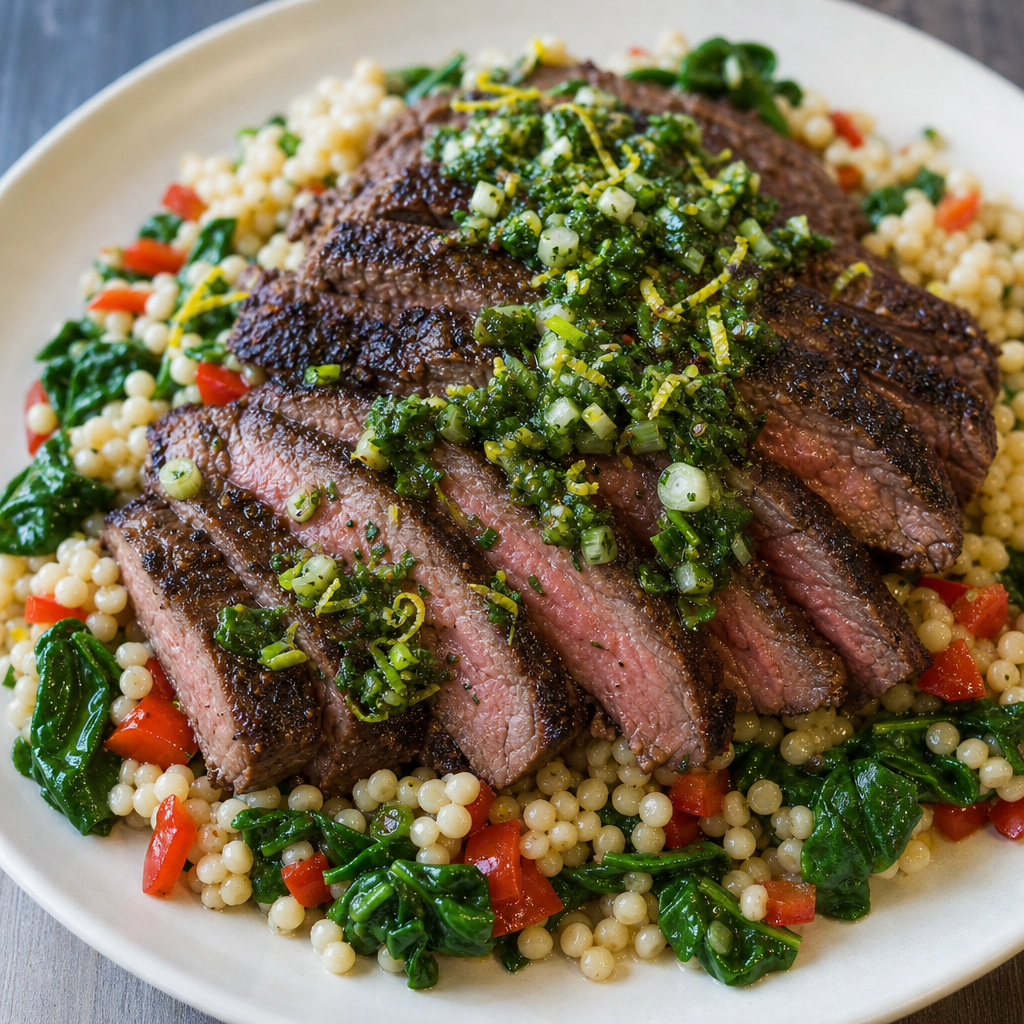 Cumin-Rubbed Tri-Tip Steak with Scallion Chimichurri and Spinach Couscous