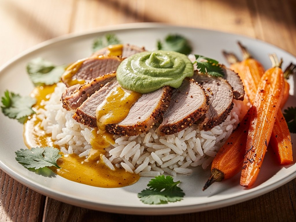 Cumin-Spiced Pork Tenderloin with Citrus Mojo Sauce, Garlic Rice, and Roasted Carrots