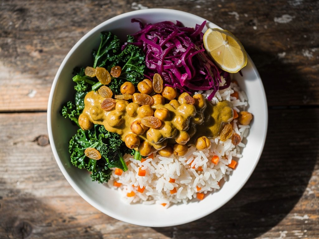 Curried Chickpea Bowl with Pickled Cabbage and Golden Raisins