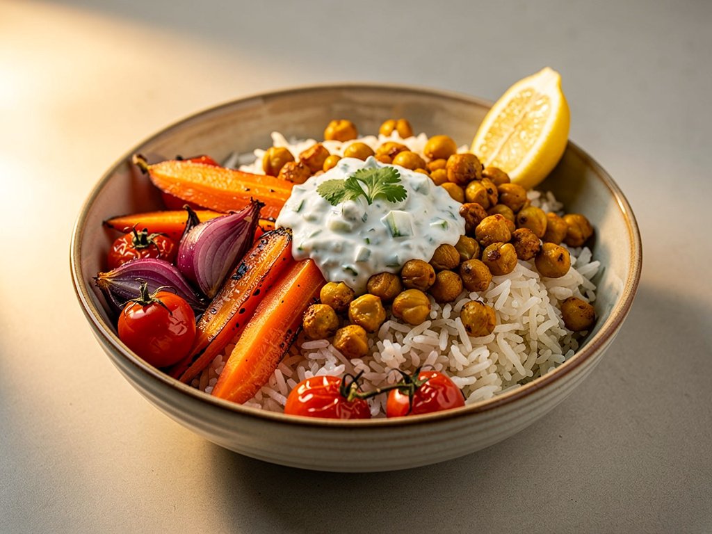 Curried Chickpea Bowls with Roasted Veggies and Cucumber Raita
