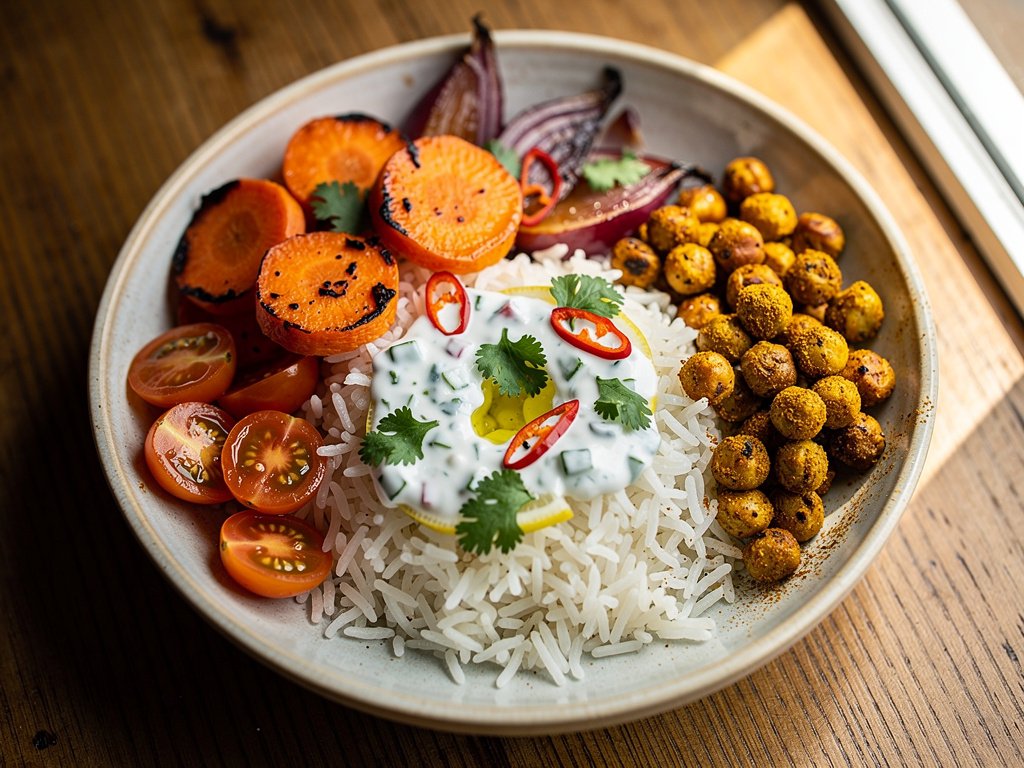 Curried Chickpea Bowls with Roasted Veggies and Cucumber Raita