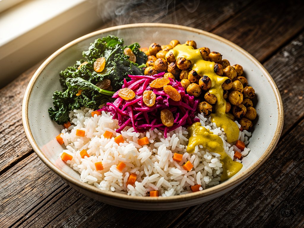 Curried Chickpea Power Bowl with Pickled Cabbage and Golden Raisins