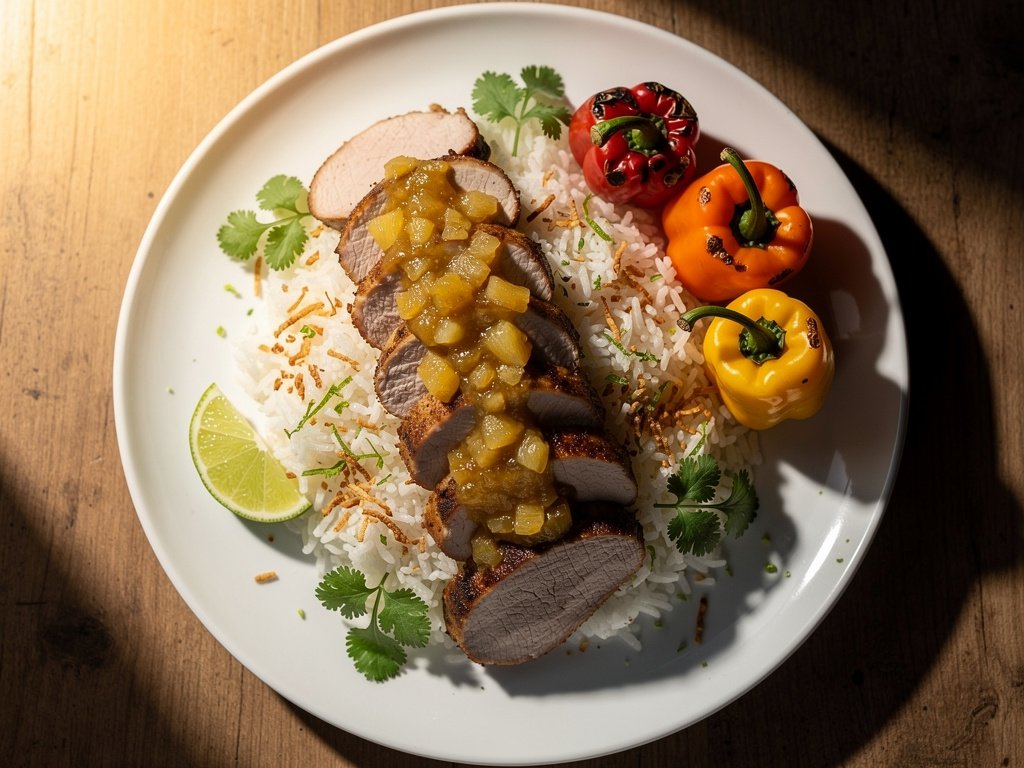 Curried Pineapple Pork Tenderloin with Coconut Rice and Roasted Peppers