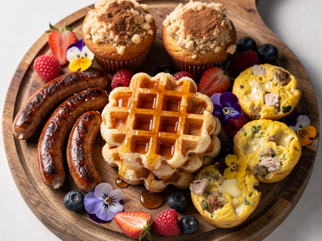 Decadent Brunch Board with Waffles, Sausage, Egg Bites, and Muffins