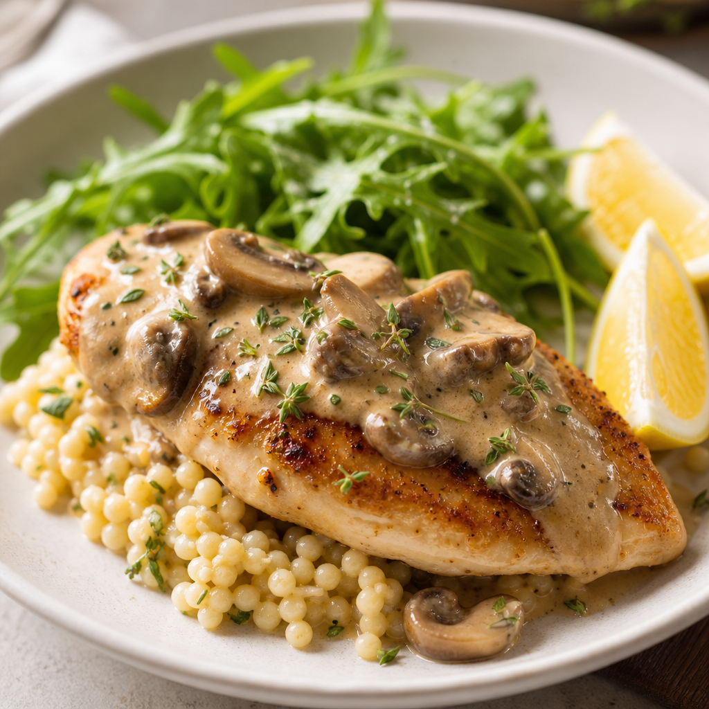 Dijon Chicken with Creamy Mushrooms, Pearl Couscous and Lemony Arugula