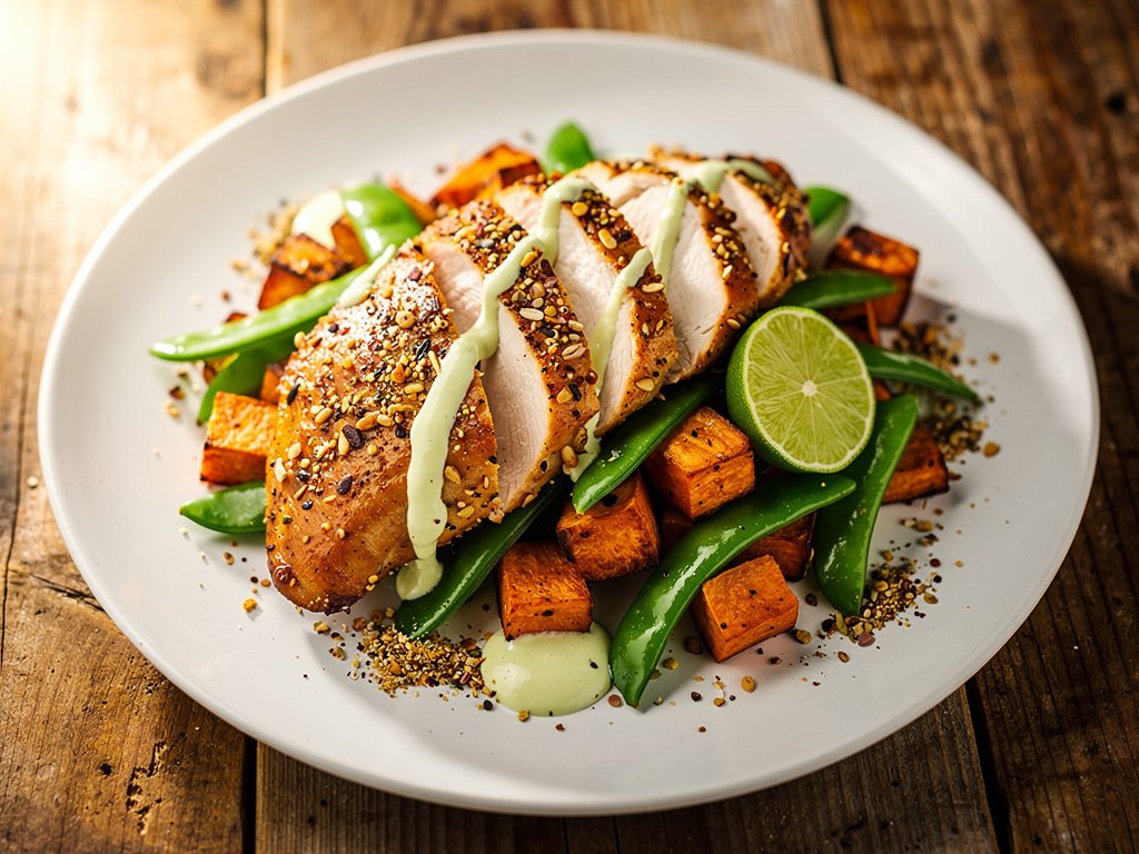 Dukkah-Crusted Chicken with Roasted Sweet Potatoes and Snap Peas