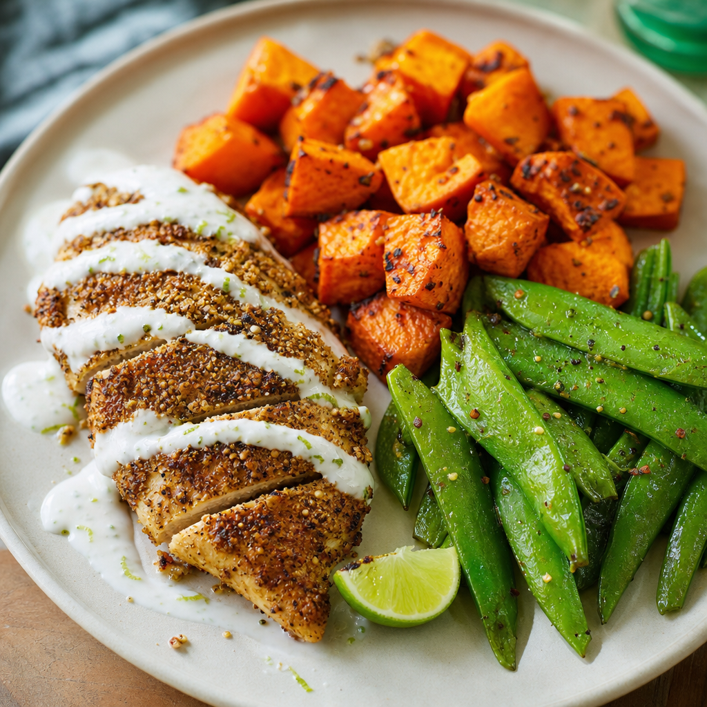 Dukkah-Crusted Chicken with Roasted Sweet Potatoes and Snap Peas