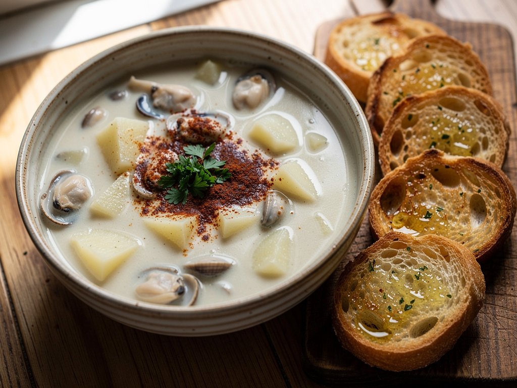 Easy Creamy New England Clam Chowder with Garlic Bread