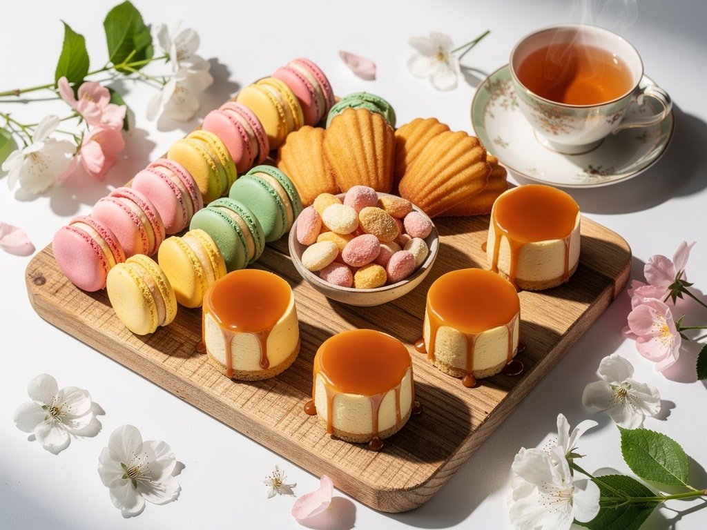 Elegant High Tea Dessert Platter with Macarons, Madeleines, and Cheesecakes