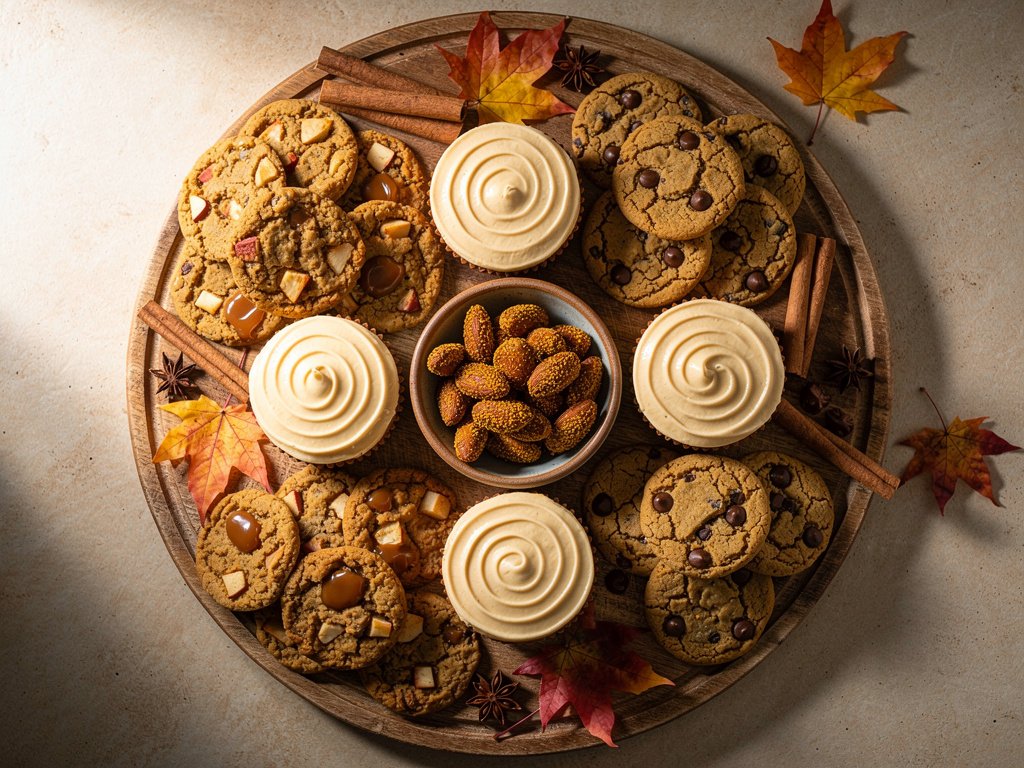 Fall Dessert Board with Mini Pumpkin Cheesecakes, Cookies, and Spiced Almonds