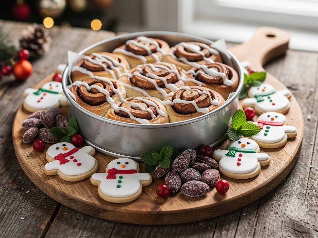 Festive Holiday Dessert Board with Snowman Cookies, Hot Cocoa Rolls, and Peppermint Almonds