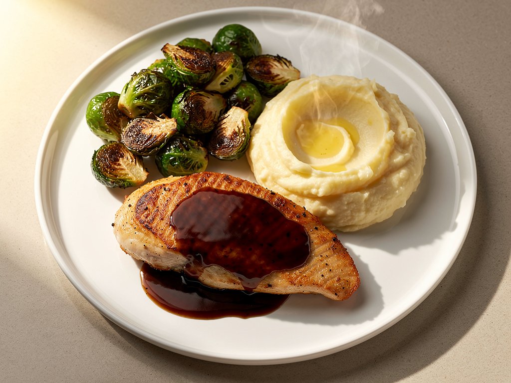 Fig Balsamic Chicken with Roasted Brussels Sprouts and Mashed Potatoes