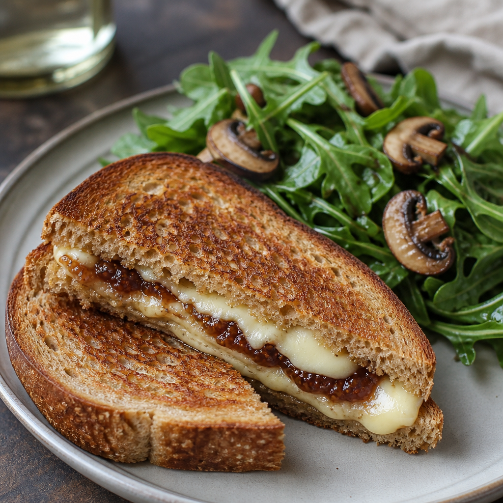 Fig Jam Brie Grilled Cheese with Rosemary Mushroom Arugula Salad