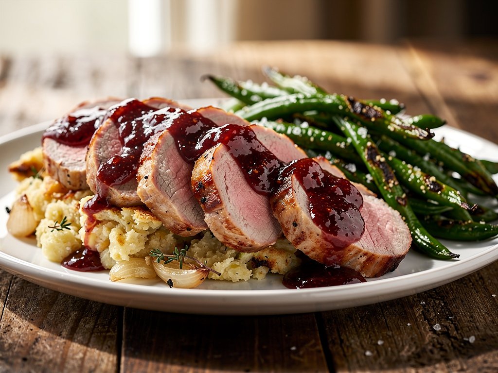 Fig Jam Glazed Pork Tenderloin with Pan Stuffing and Roasted Green Beans
